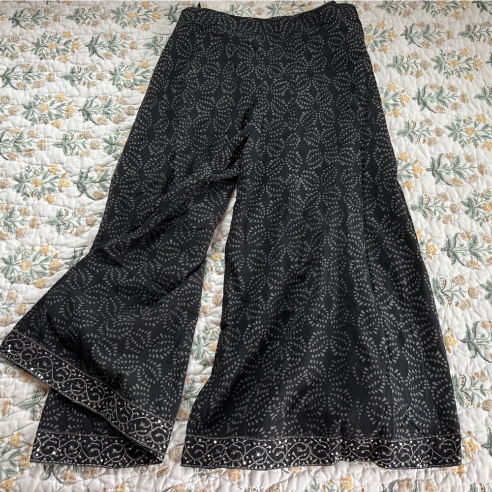 Black Printed Wide Leg Palazzos with Mirrorwork